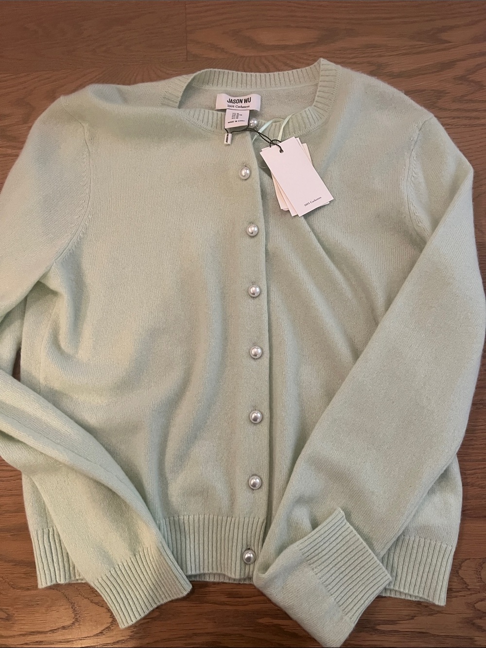 Jason Wu Pale Mint Crewneck Cardigan with Pearl Buttons 100% cashmere